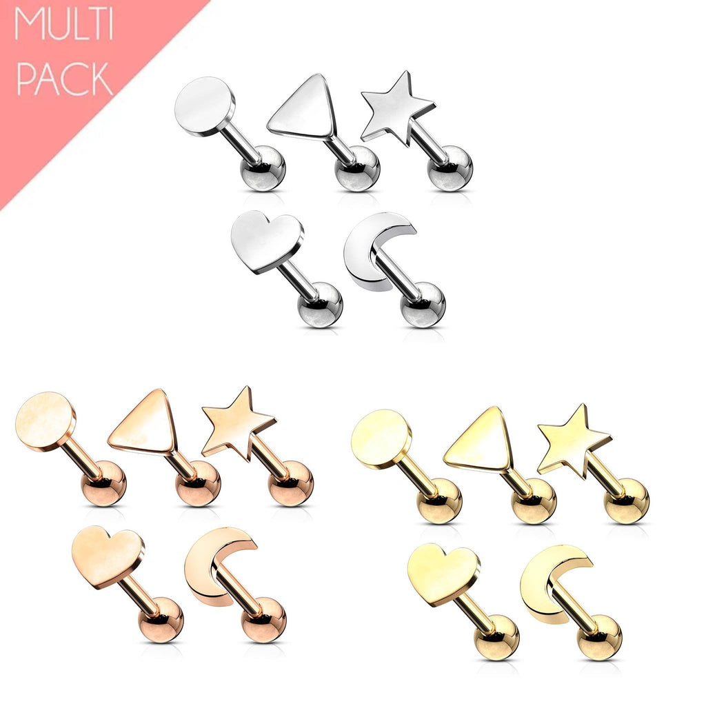 5 Pack Mixed Shape Cartilage / Tragus Barbell Studs