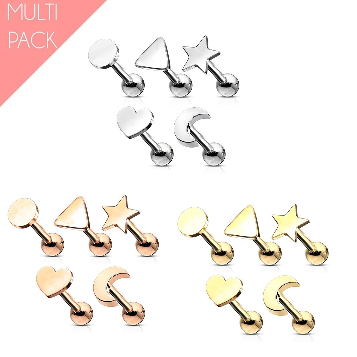 5 Pack Mixed Shape Cartilage / Tragus Barbell Studs