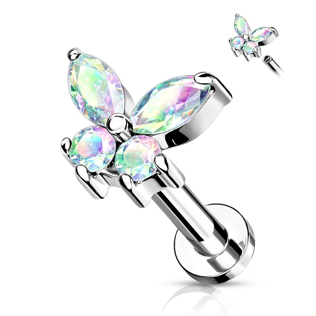 16 Gauge Internally Threaded Flat Back Crystal Butterfly Stud