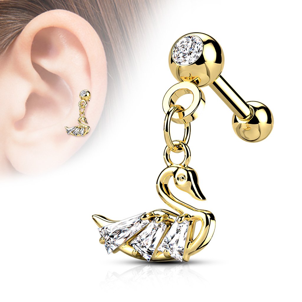 16 Gauge Dangling Swan Cartilage / Tragus Stud Silver
