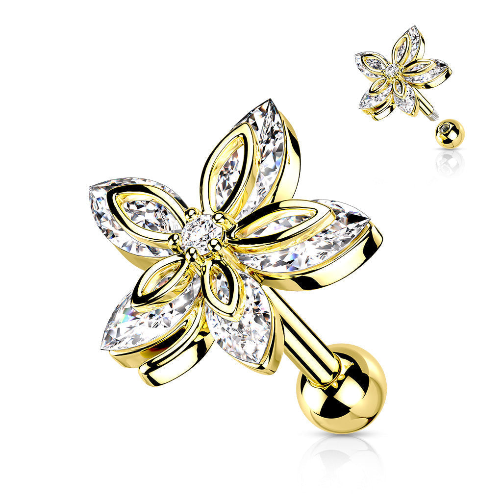 16 Gauge Five Petal Crystal  Marquise Flower Cartilage / Tragus Stud