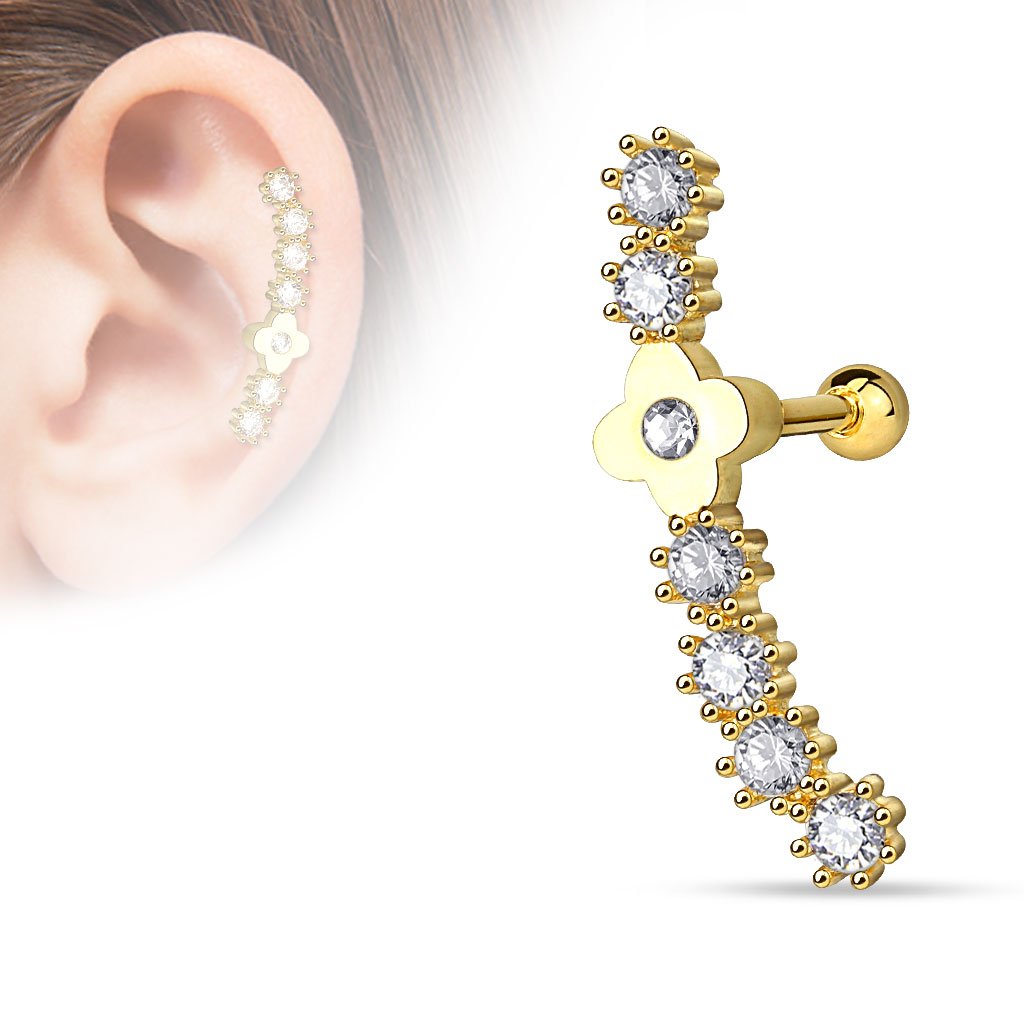 16 Gauge Flower Lined Crystal Cartilage/Tragus Barbell Stud