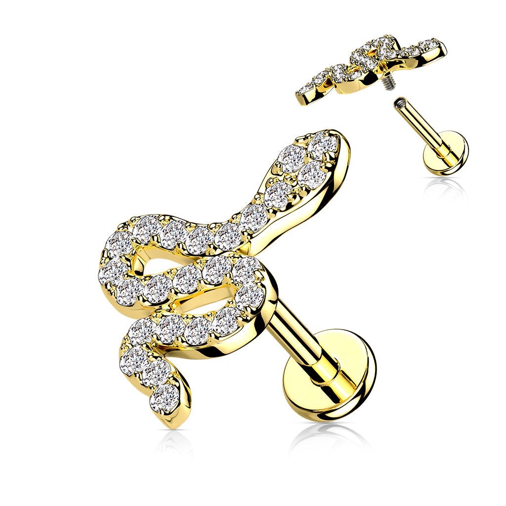 16 Gauge Internally Threaded Crystal Snake Cartilage / Tragus Stud