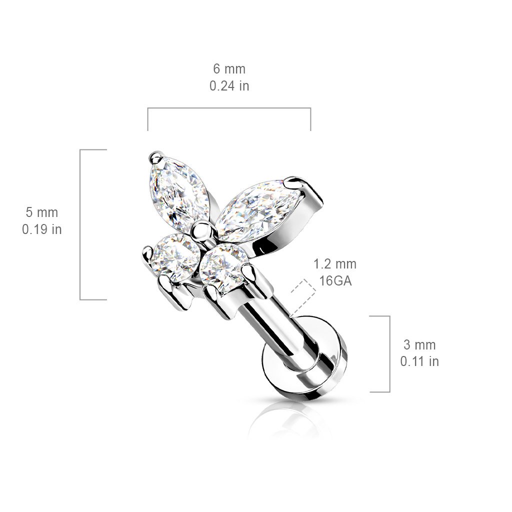 16 Gauge Internally Threaded Flat Back Crystal Butterfly Stud