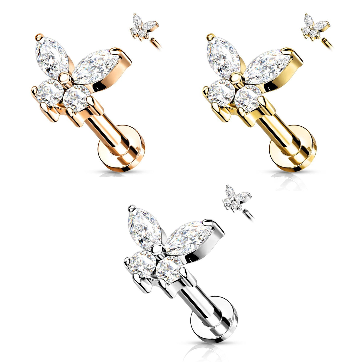 16 Gauge Internally Threaded Flat Back Crystal Butterfly Stud