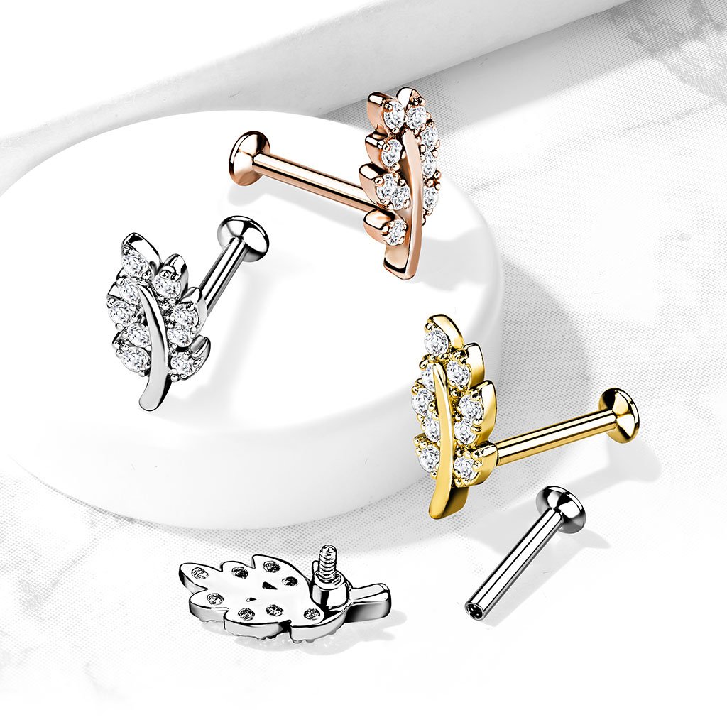 16 Gauge Internally Threaded Flat Back Crystal Leaf Stud