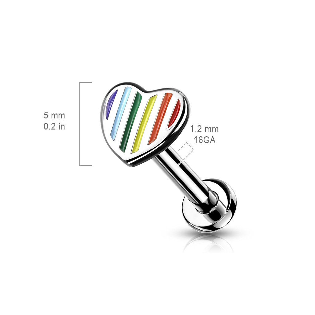 16 Gauge Internally Threaded Flat Back Rainbow Heart Stud