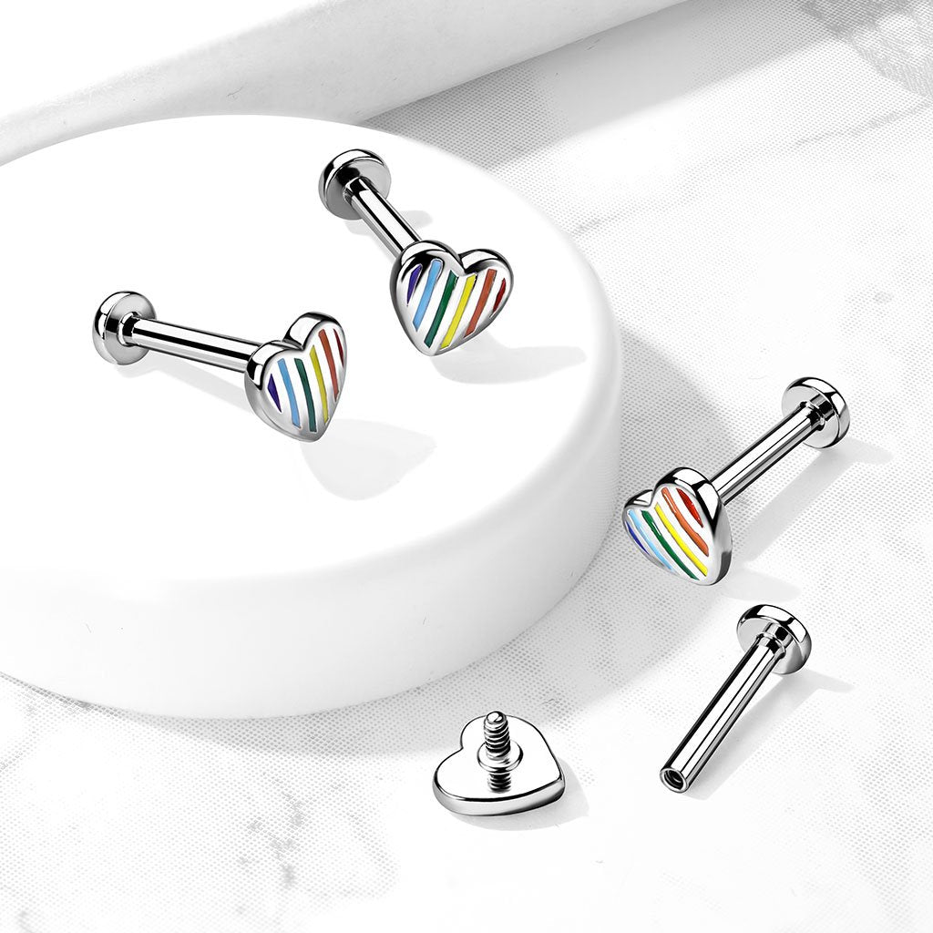 16 Gauge Internally Threaded Flat Back Rainbow Heart Stud