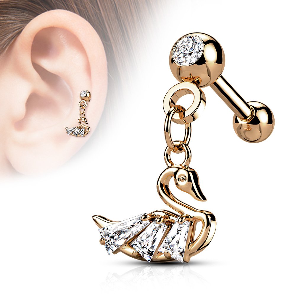 16 Gauge Dangling Swan Cartilage / Tragus Stud Silver