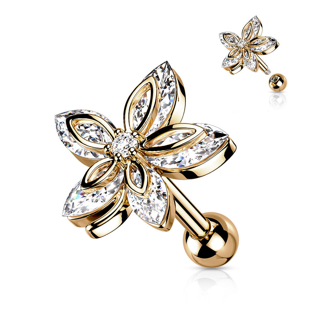 16 Gauge Five Petal Crystal  Marquise Flower Cartilage / Tragus Stud