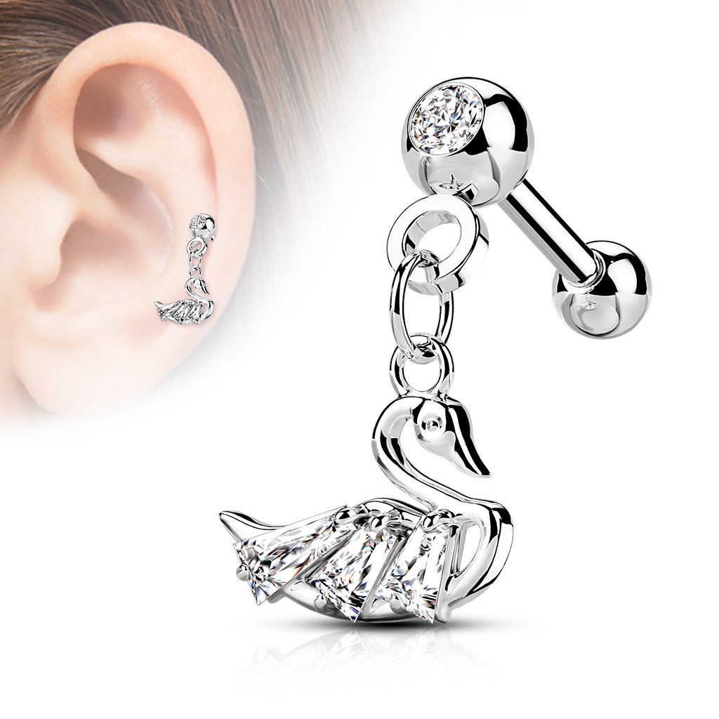 16 Gauge Dangling Swan Cartilage / Tragus Stud Silver