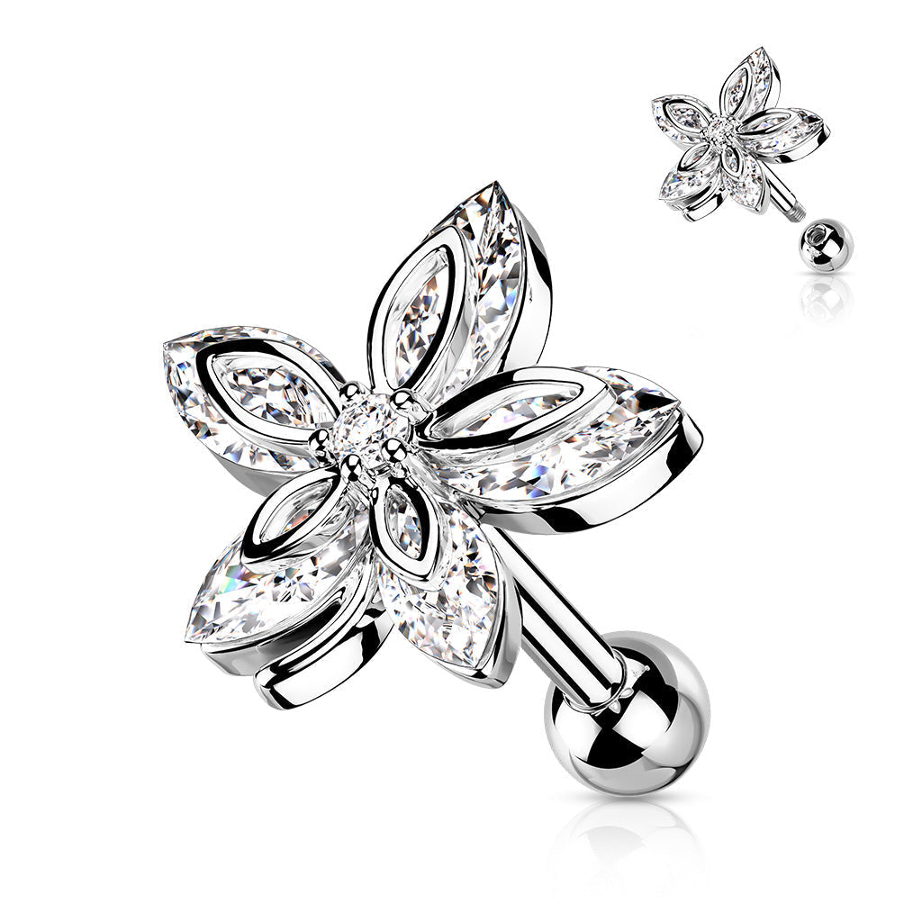 16 Gauge Five Petal Crystal  Marquise Flower Cartilage / Tragus Stud