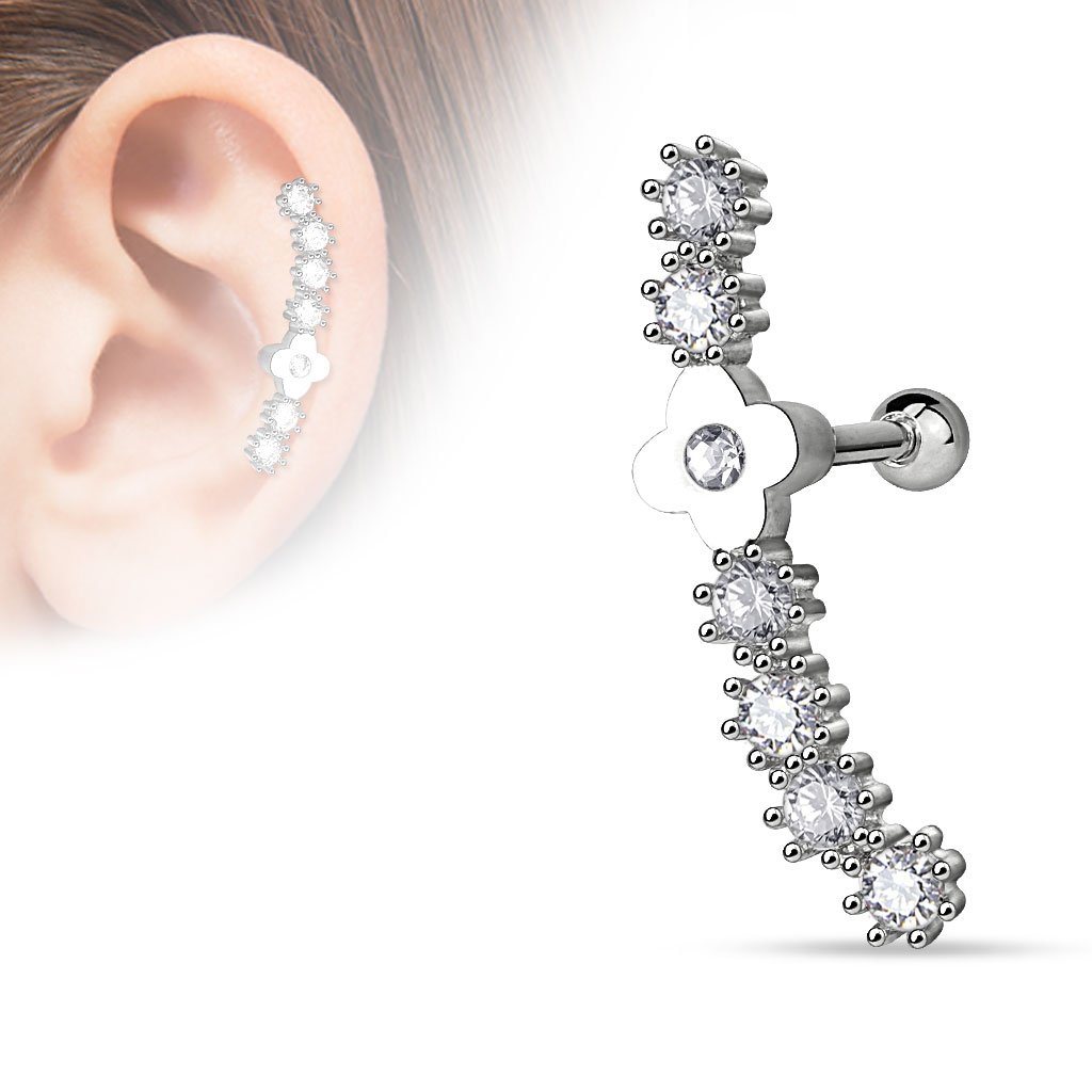 16 Gauge Flower Lined Crystal Cartilage/Tragus Barbell Stud