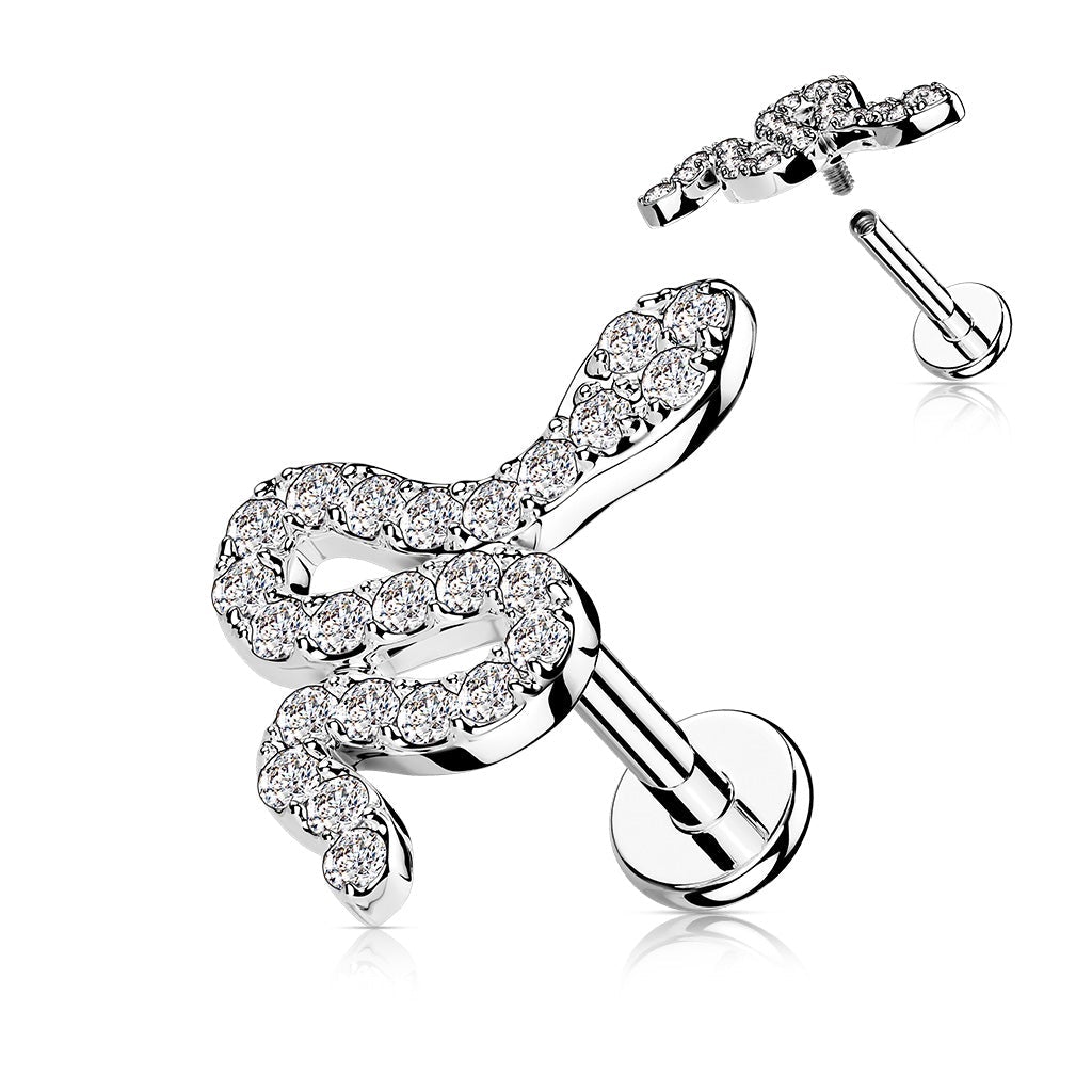 16 Gauge Internally Threaded Crystal Snake Cartilage / Tragus Stud