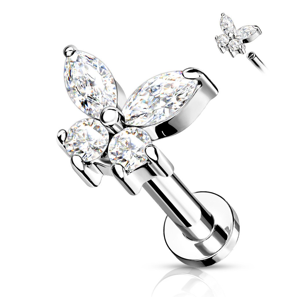 16 Gauge Internally Threaded Flat Back Crystal Butterfly Stud
