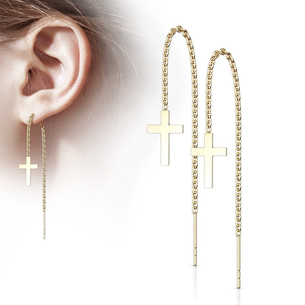Thread Through Gold Cross Earrings