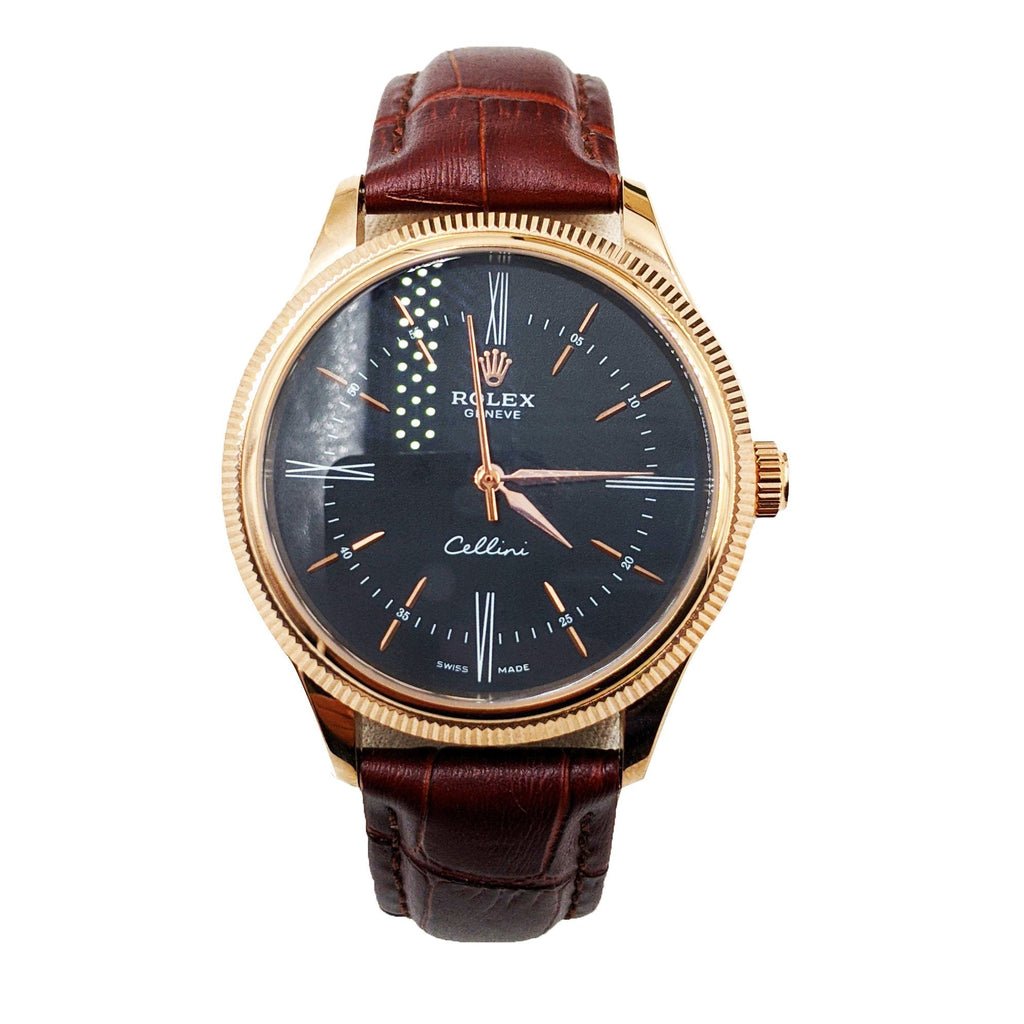 ᏒՕᏞΕХ Cellini Time Brown Leather Rosegold